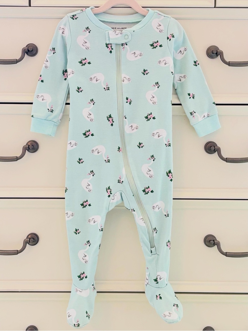 VGUC Janie and Jack Good Night Footed Pajamas Swan Print Footie Size 6-12 Months